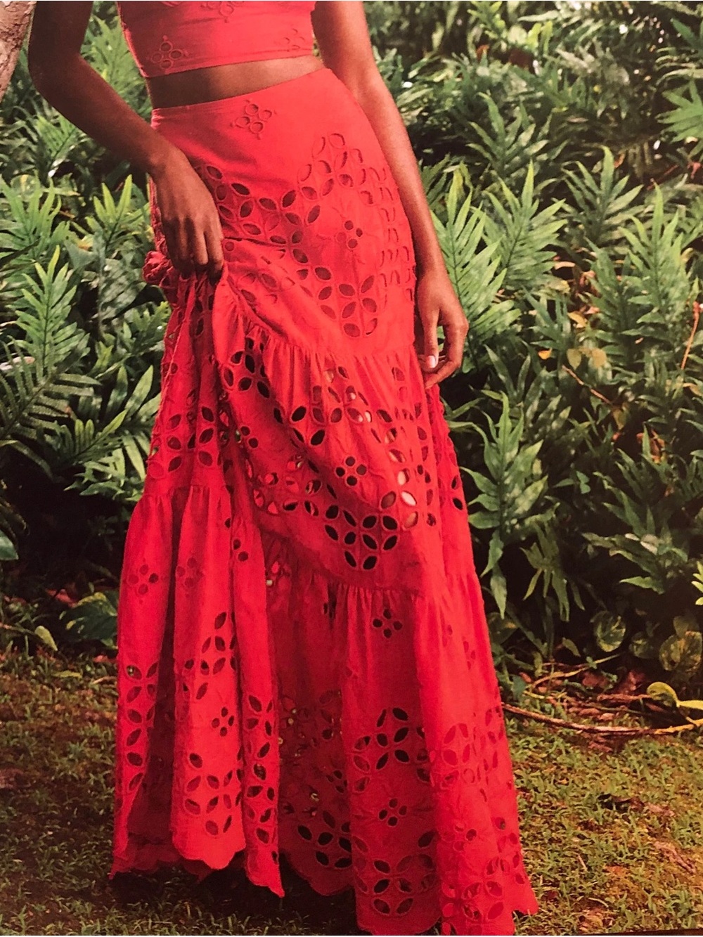 Luxxel Bright Red Eyelet Cutout Maxi Skirt